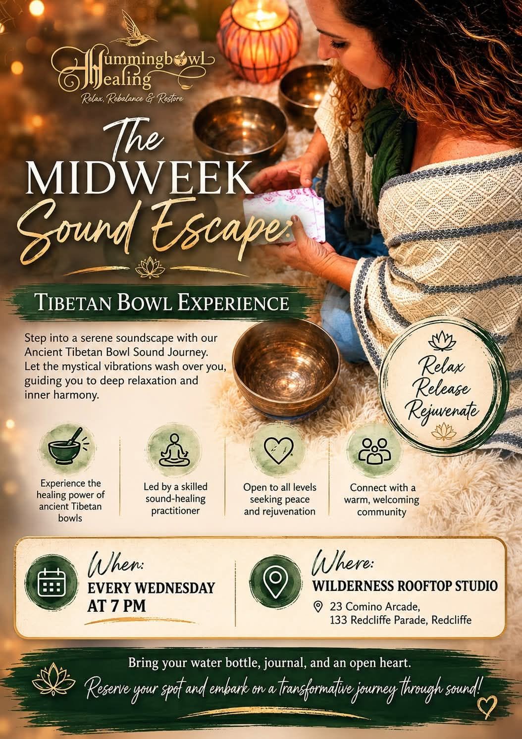 The Midweek Sound Escape event flyer for Hummingbowl Healing Wednesday classes