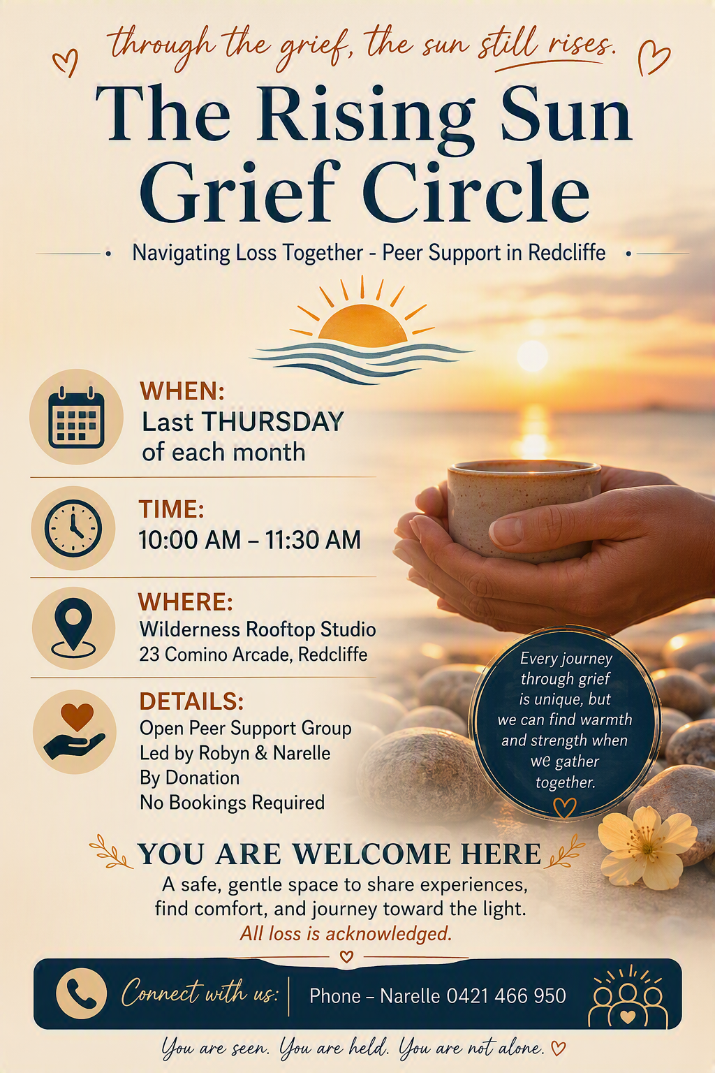 The Rising Sun Grief Circle — a monthly gathering at Wilderness Rooftop Studio, Redcliffe, hosted by Narelle Carter and Robyn Gill