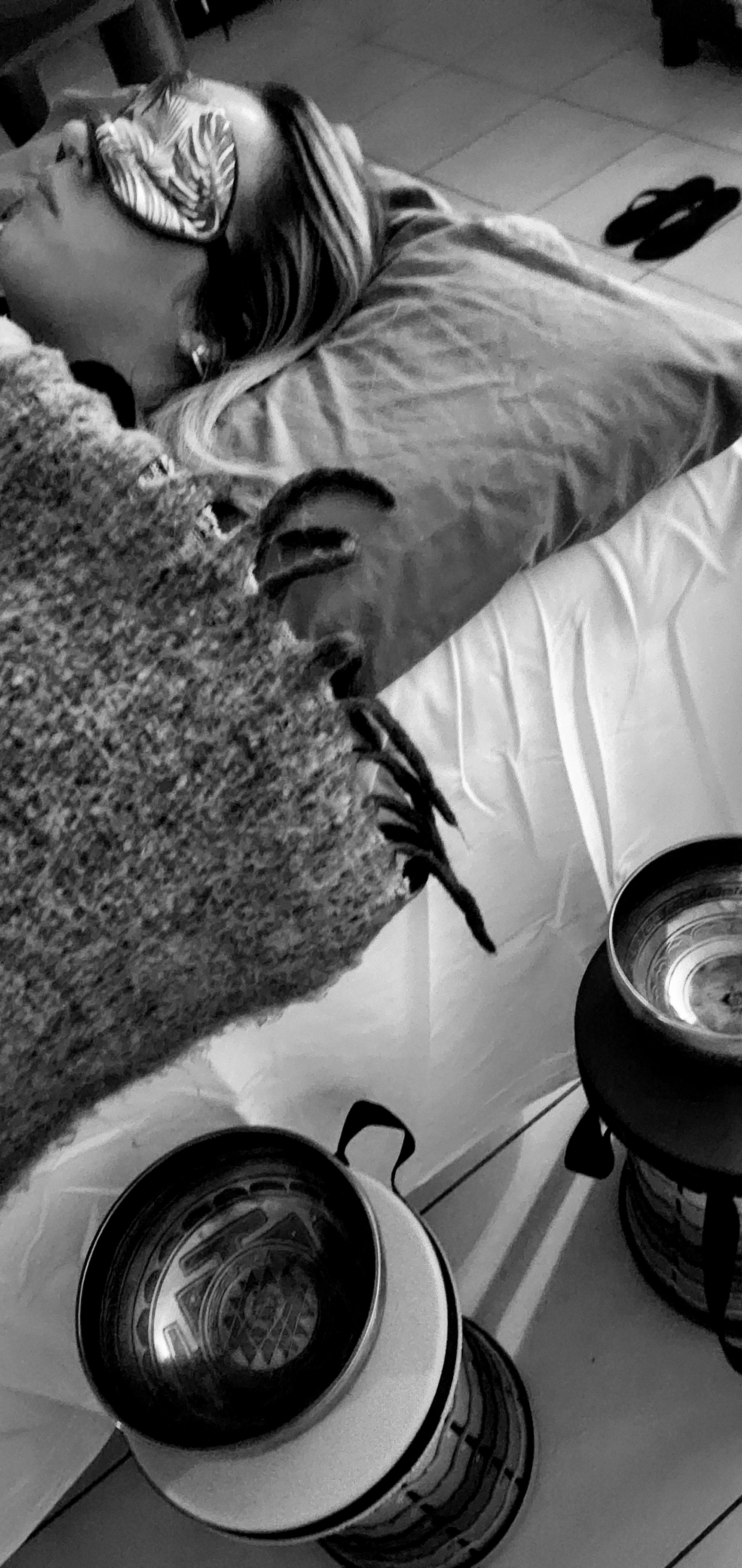 Sound healing session with singing bowls, close up