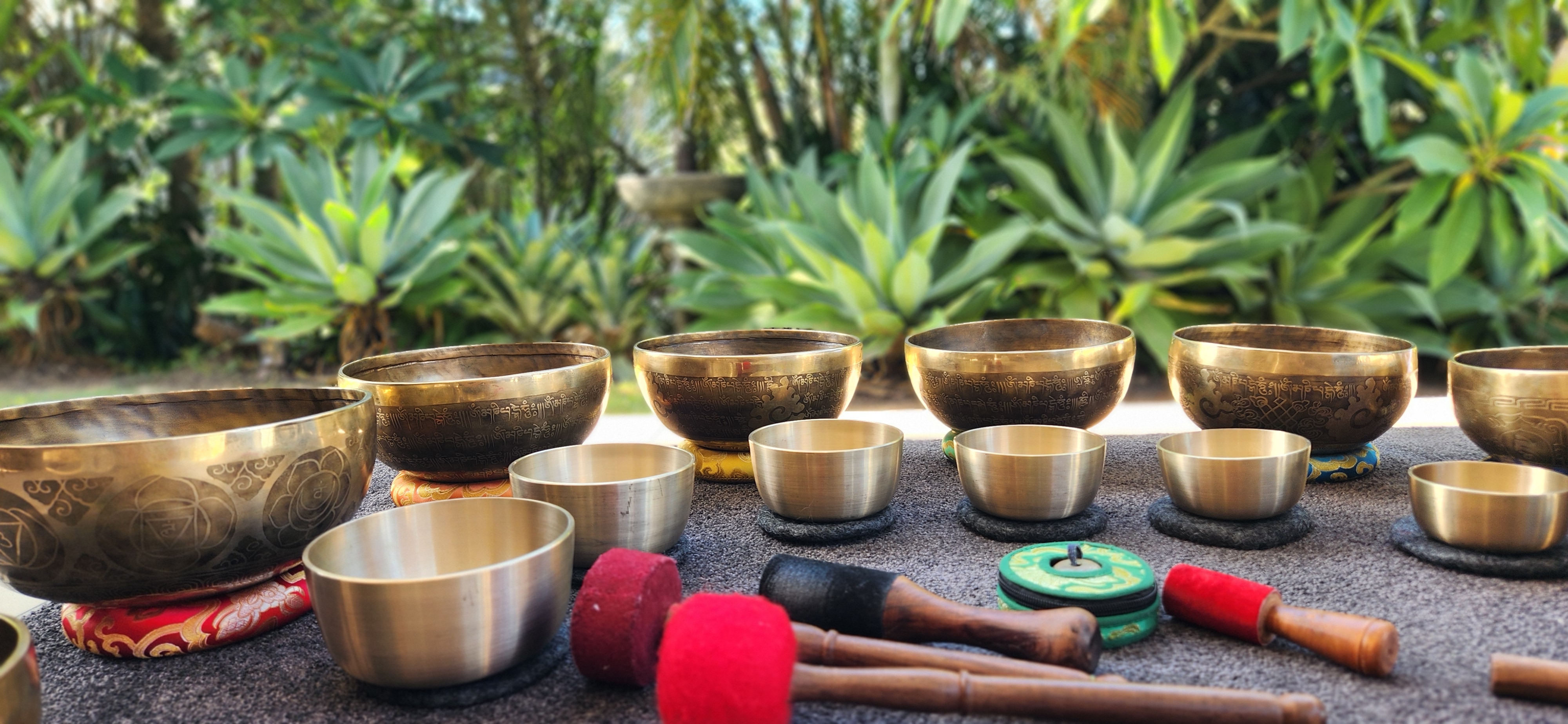 Singing bowls set up outdoors in a garden setting